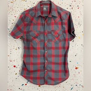 Arizona Plaid Red/Gray Snap Button Down Short Sleeve Men's Small
